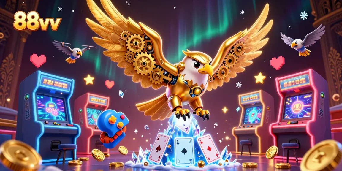 Experience excitement with 88vv as a cybernetic eagle dives through holographic cards in a vibrant casino.