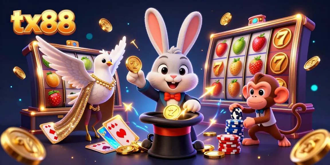 Experience the thrill of winning at tx88 with a dynamic casino scene featuring a lucky magician and coins.