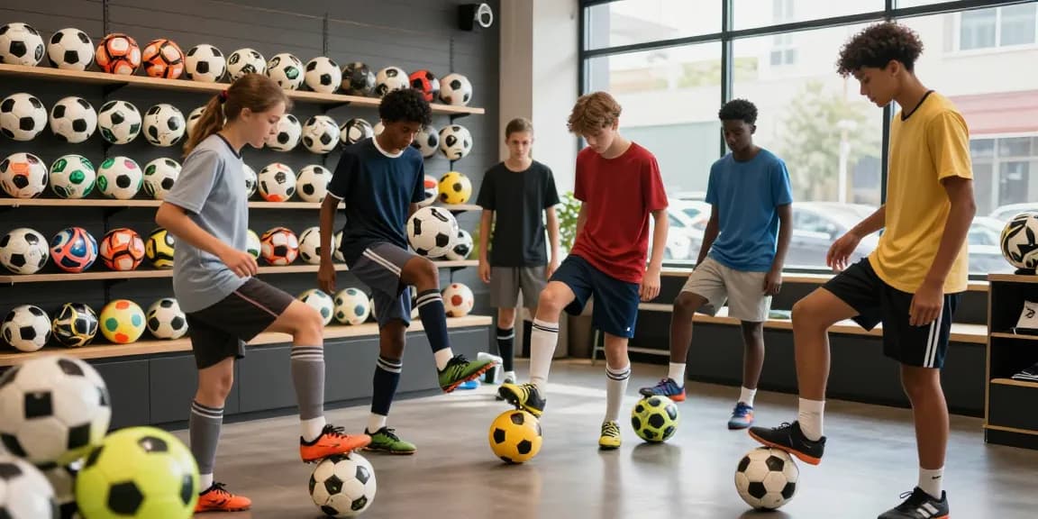 Fußball Shop Deutschland mit jungen Athleten, die hochwertige Fußbälle testen und Begeisterung zeigen.