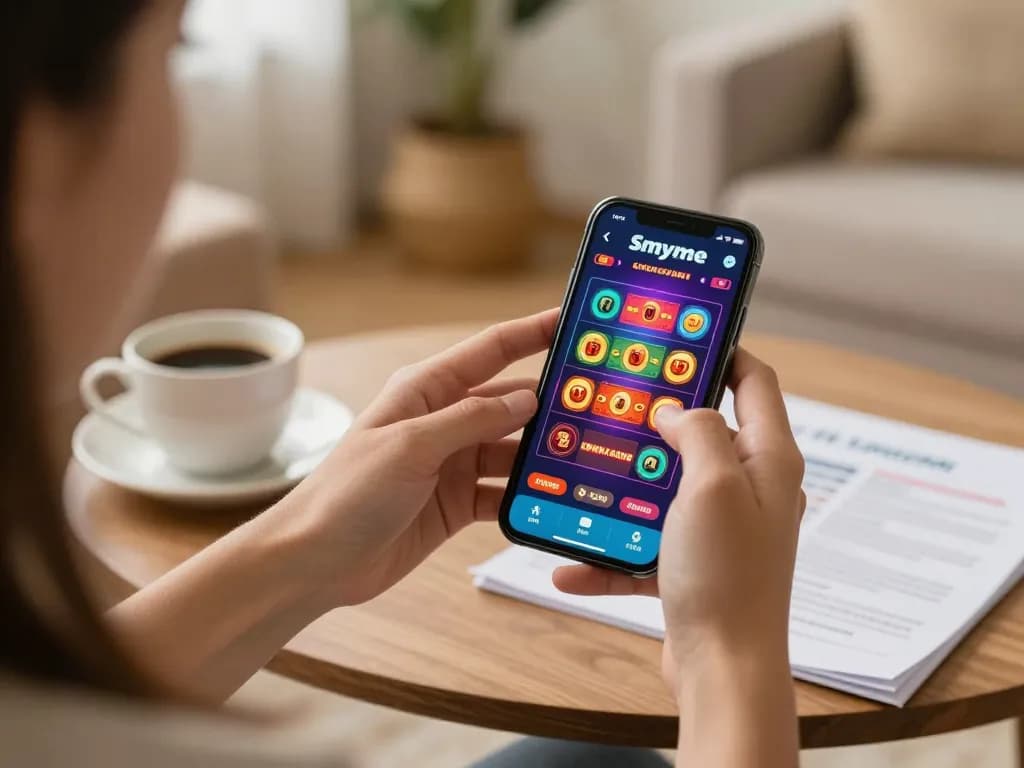 FIVE88 user placing bets on a mobile app in a stylish living room setting, showcasing engaging online gambling