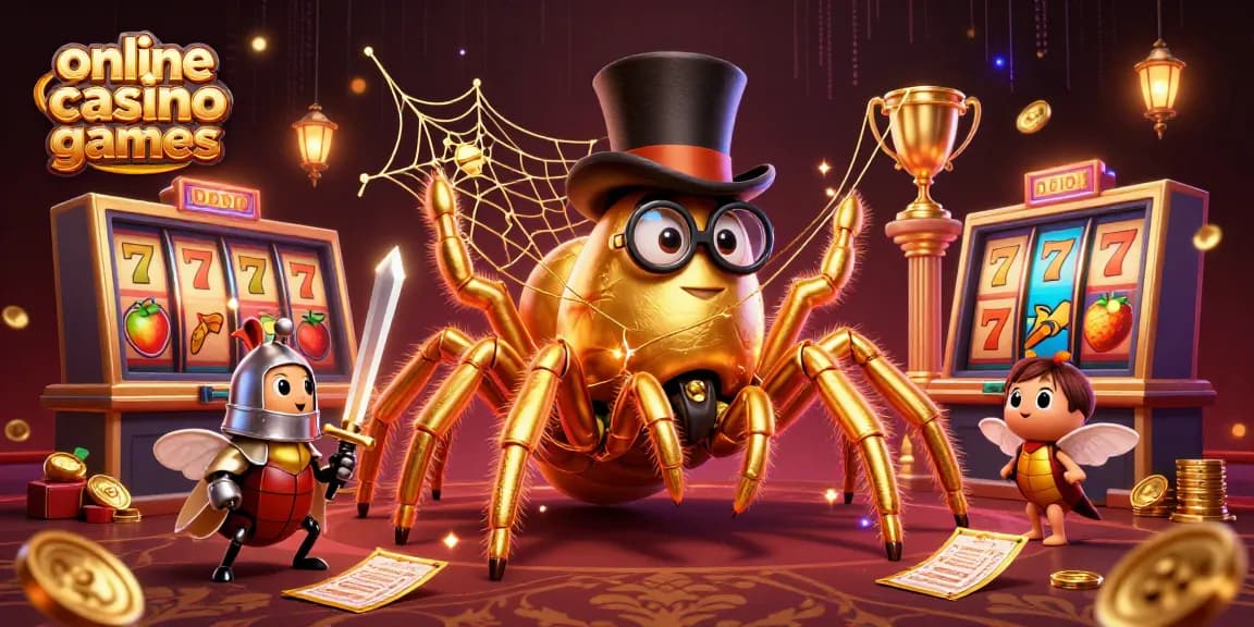 Engage in thrilling online casino games with a golden tarantula and beetle knight under a casino setting.