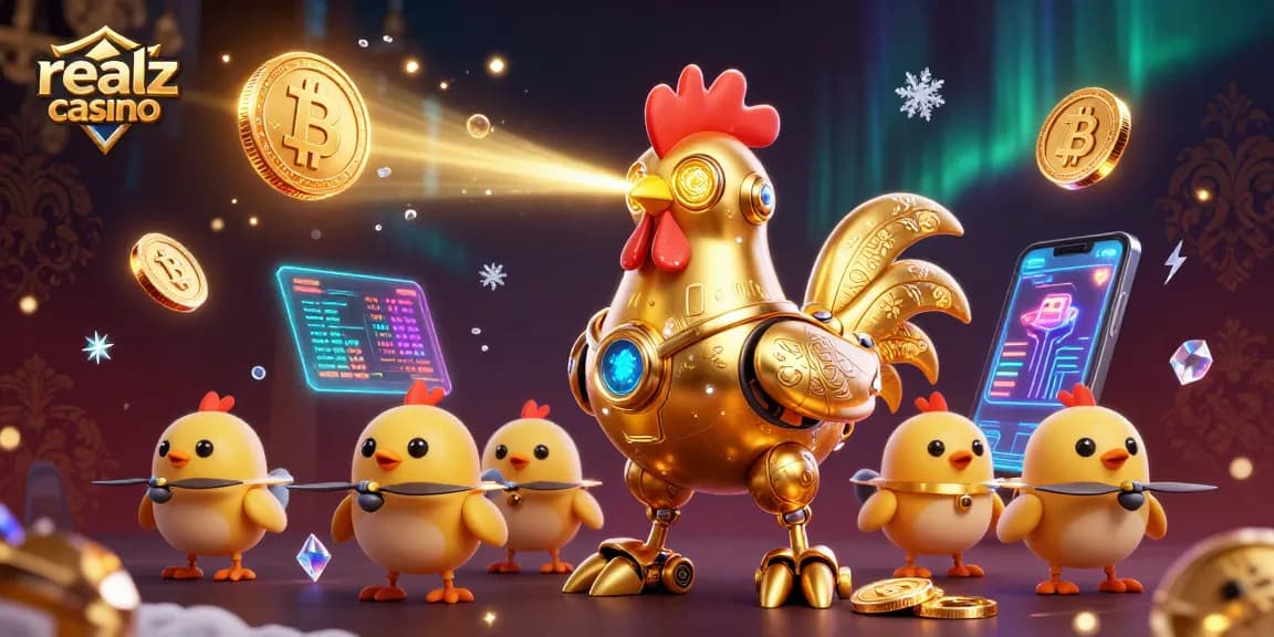 Engage with realz casino through a vibrant 3D casino-themed digital illustration featuring dynamic characters and crypto elements.