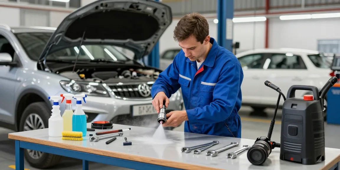 Mechaniker führt DPF Reinigen in einer Kfz-Werkstatt durch, die mit Werkzeugen und Fahrzeugen gefüllt ist.