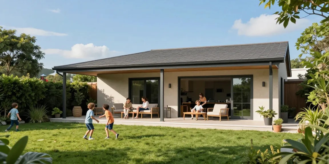 Familie unter einer freistehenden Terrassenüberdachung im Garten genießt den sonnigen Tag.