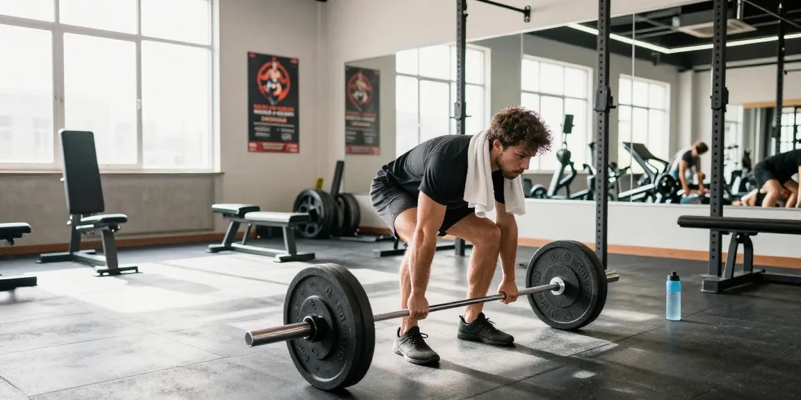 Anabolika Shop: Fitness-Enthusiast zeigt Deadlift-Technik im modernen Gym mit anregender Atmosphäre.