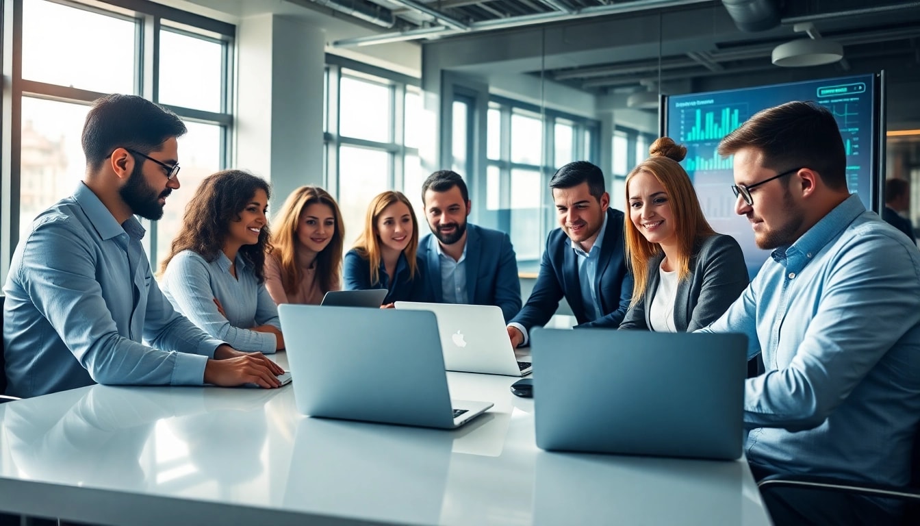 IT Consulting professionals collaborating in a modern setting with advanced technology.