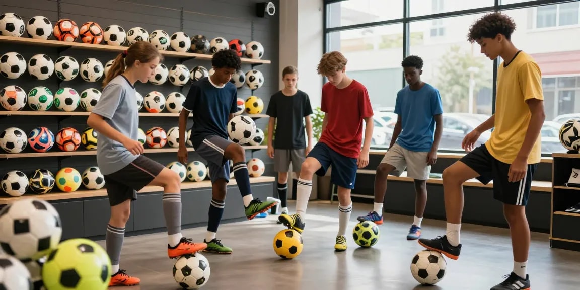 Fußball Shop Deutschland mit jungen Athleten, die hochwertige Fußbälle testen und Begeisterung zeigen.