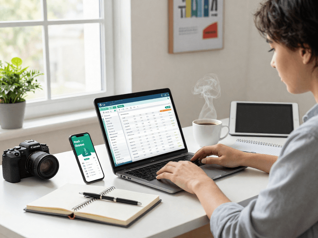 Young professional engaged in financial planning with the debet app in a modern home office.