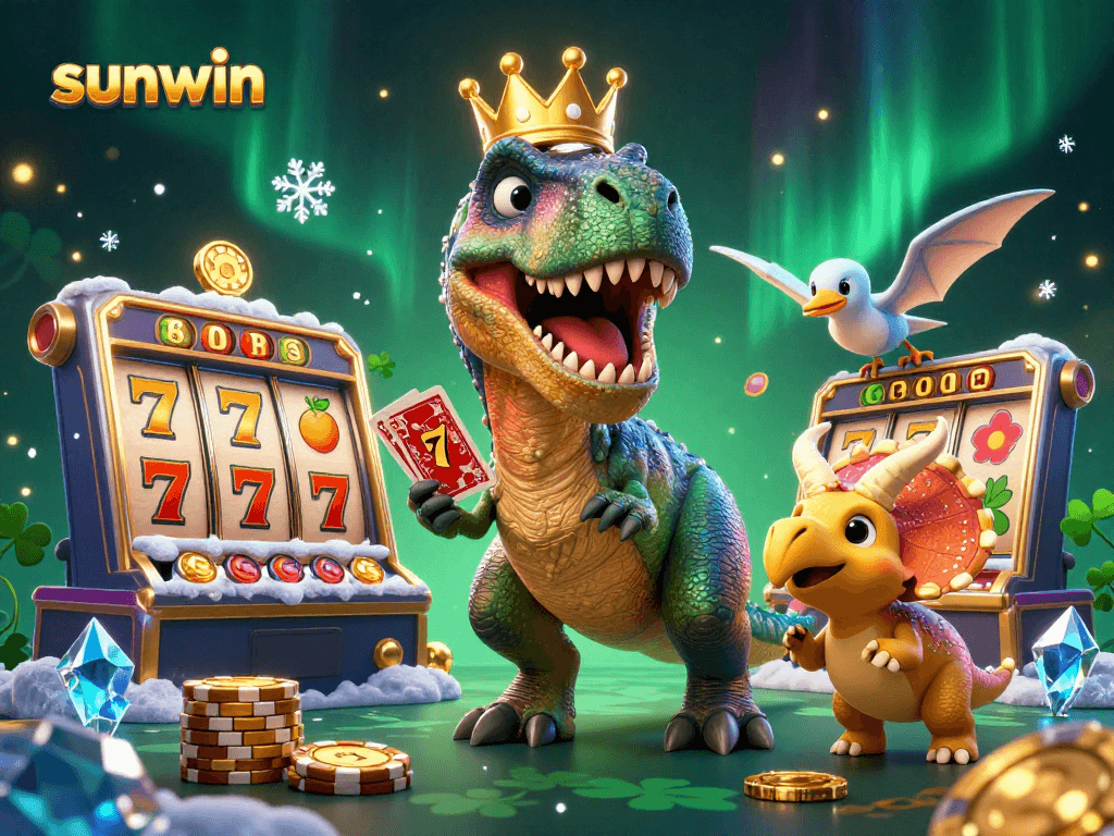 sunwin T-Rex shuffling cards with pterodactyl assistant in a vibrant casino scene