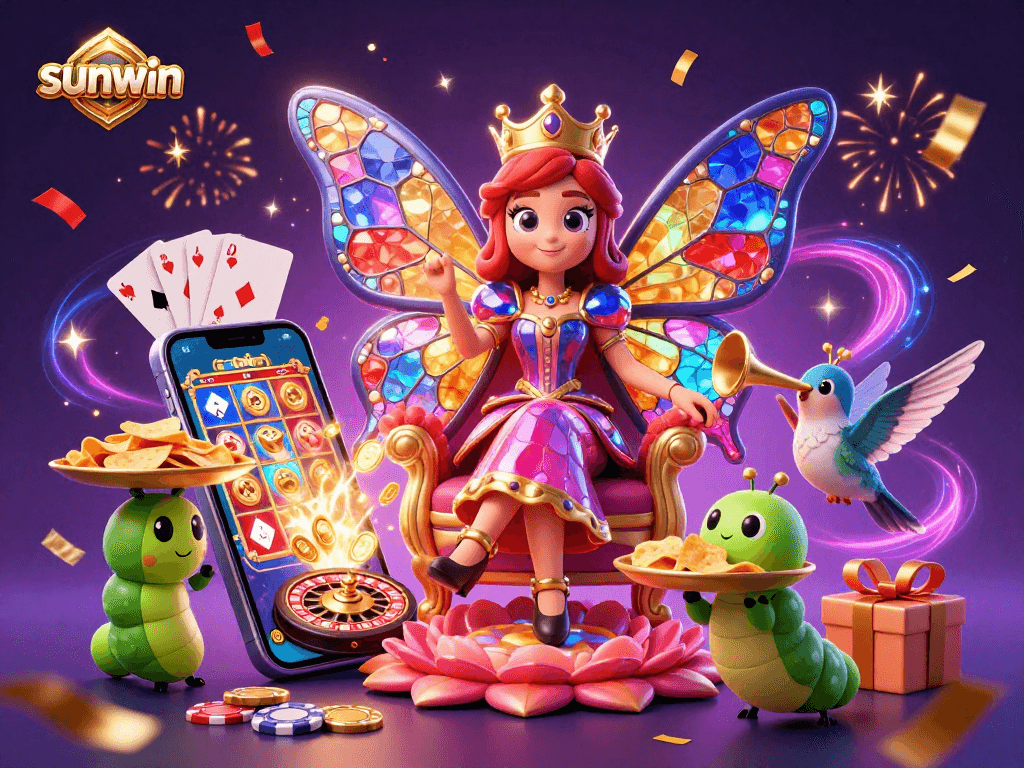 Experience thrilling gameplay with sunwin as a vibrant butterfly queen presides over a rich casino scene.