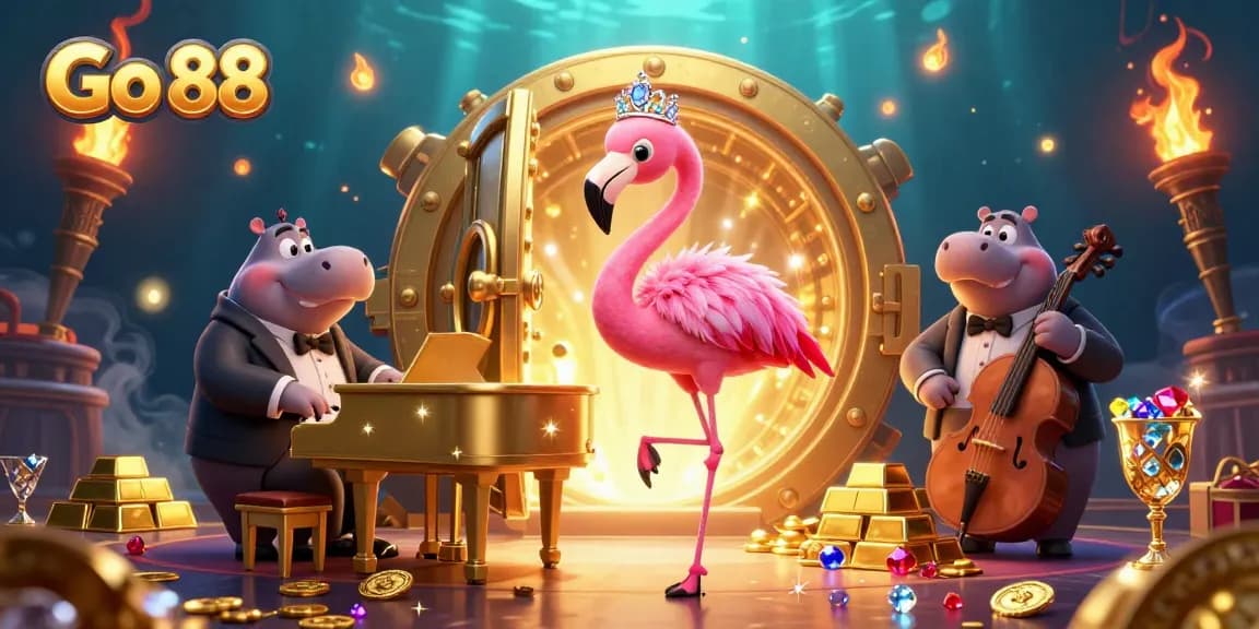 Experience the vibrant casino atmosphere with Go 88, featuring musical characters amidst treasures and excitement.