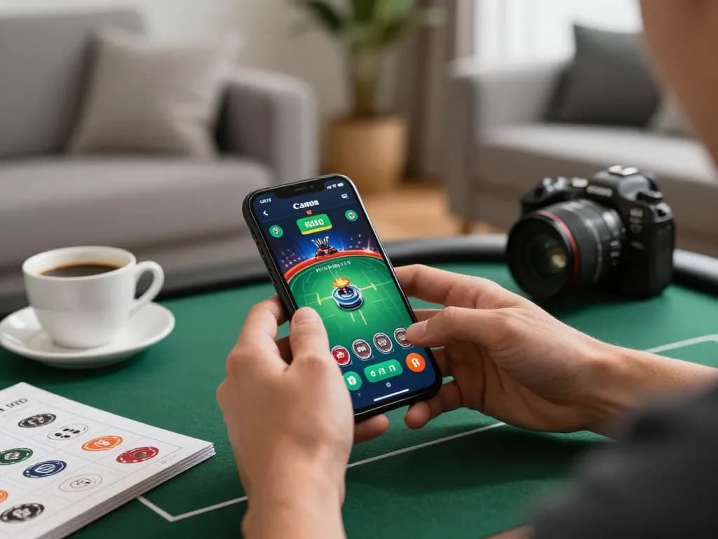 Engaging in an intense poker game on lucky88s mobile platform in a stylish living room setup.