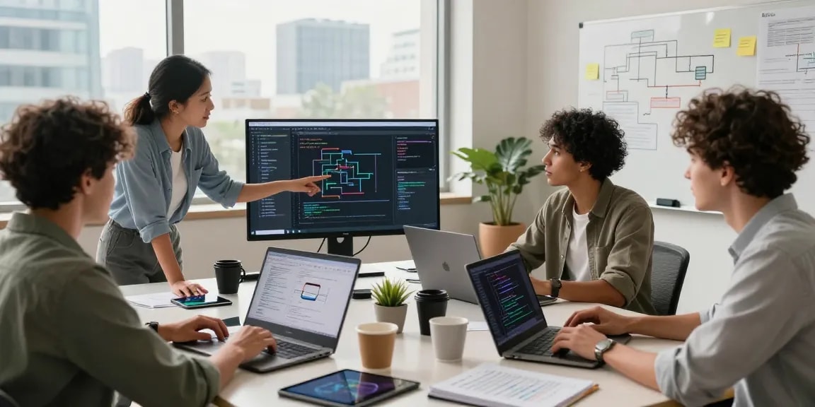 Build internal tools with AI in a collaborative software development workspace with diverse team members and modern tech.