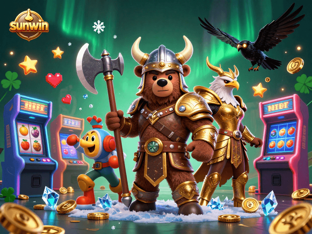 Engage with vibrant casino adventures at sunwin featuring a Viking bear and Valkyrie eagle.