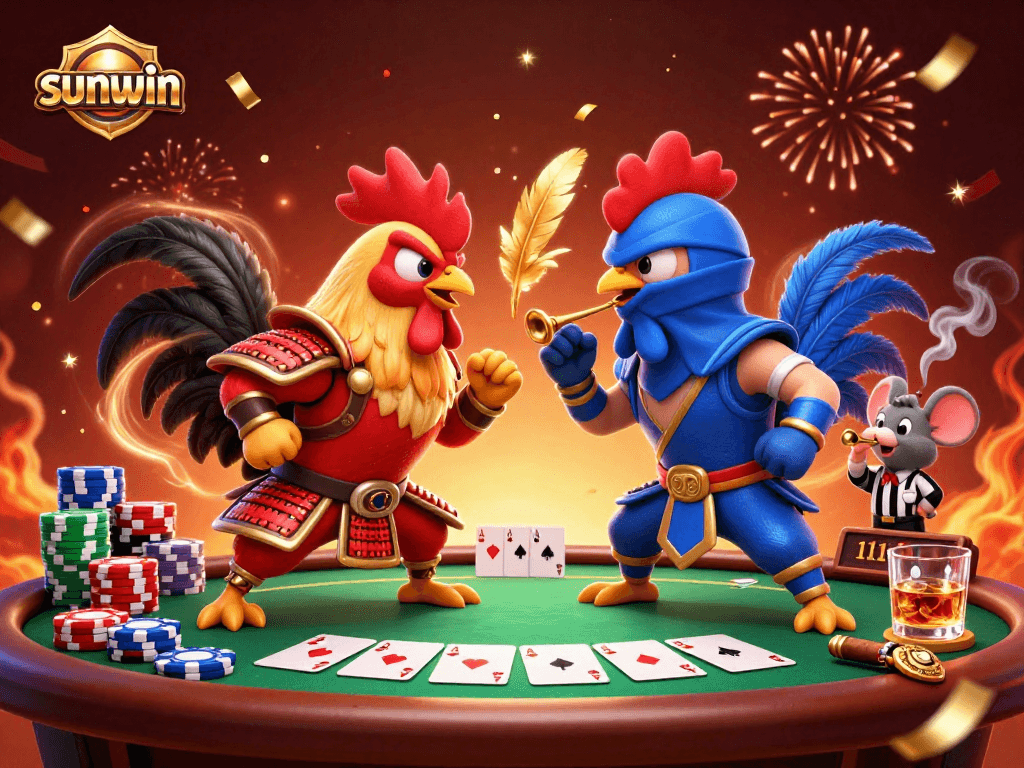 Sunwin showcases a 3D duel between vibrant cartoon roosters in an exciting poker setting.