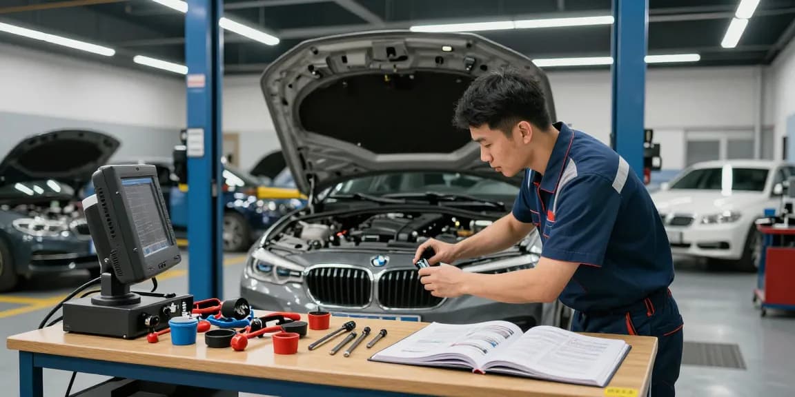BMW Werkstatt Hannover - Mechaniker inspiziert BMW-Motor in professioneller Werkstatt.
