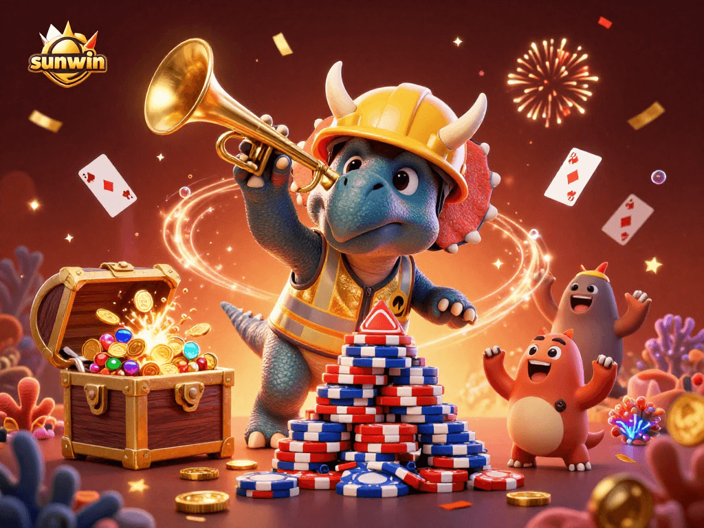 Experience thrilling wins with sunwin as a triceratops builds poker chips, celebrating with friends.
