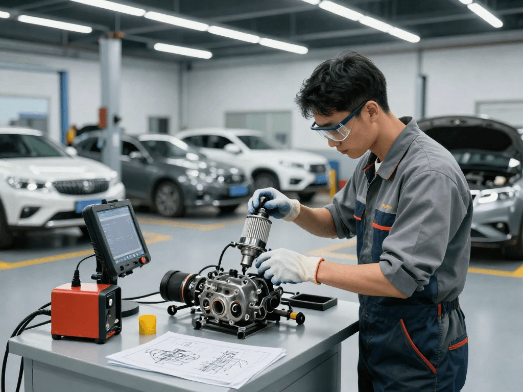 DPF Reinigung Hannover in einer modernen Werkstatt mit Techniker bei der Arbeit.