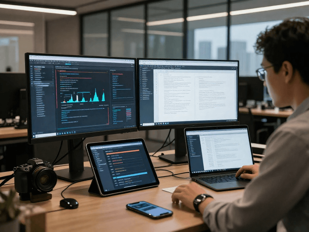 Document fraud detection workspace with analyst reviewing AI-generated reports in a modern office.