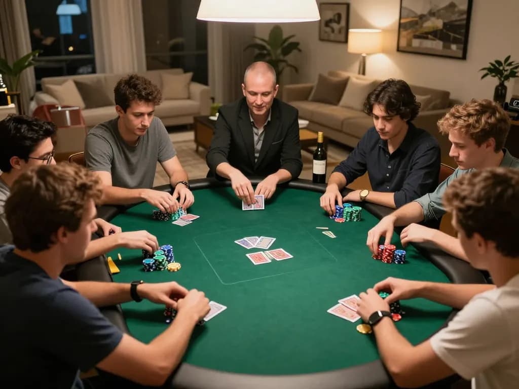 Players enjoy a high-stakes poker game at home, showcasing f168 chips and strategic hands during an intense match.