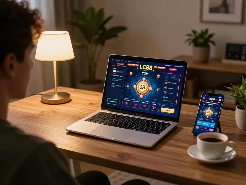 Person engaging with LC88 COM for online casino gaming on laptop with warm home ambiance.