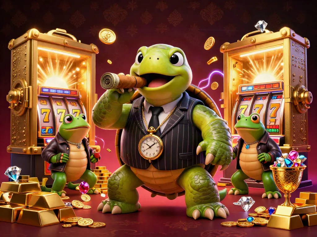 Spin the slot reels with a massive turtle in a vintage suit, surrounded by a vibrant casino.