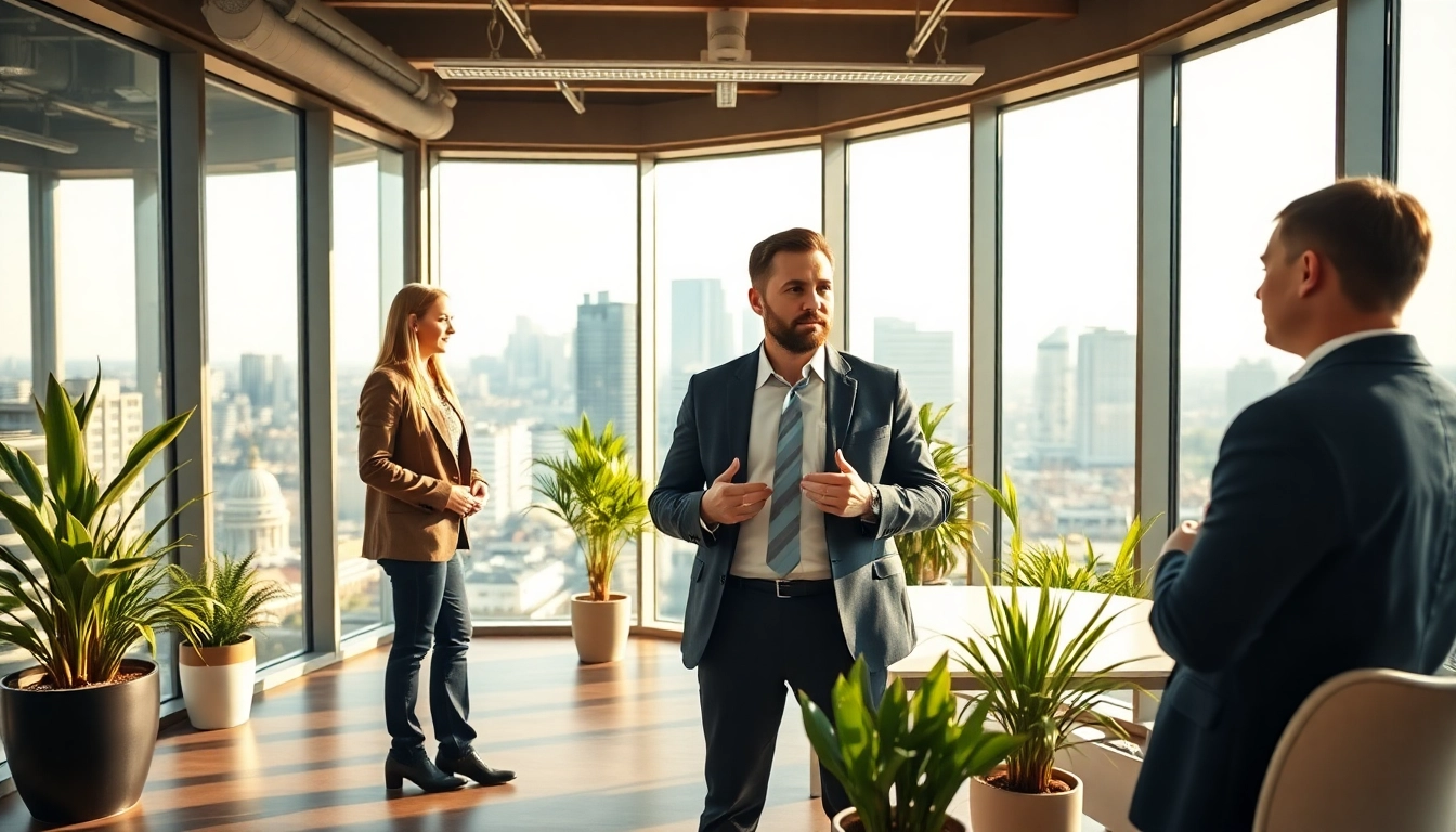 Immobilienmakler Frankfurt Preungesheim berät Kunden in modernem Büro mit Skyline-Blick.