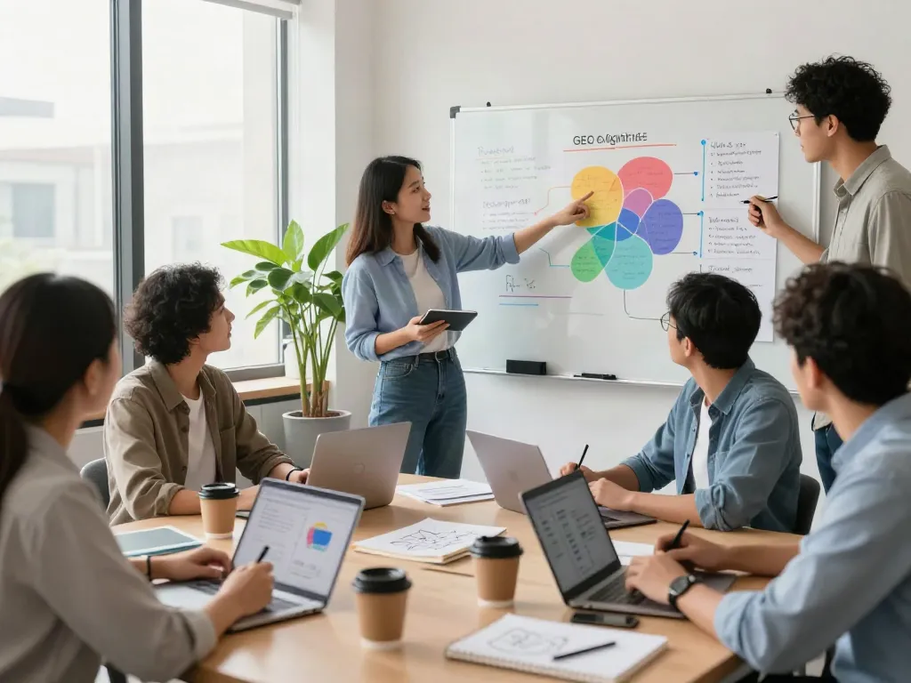 Professionals discussing SEO and Google algorithm updates in a modern co-working space, focusing on rokok88 rtp strategies.