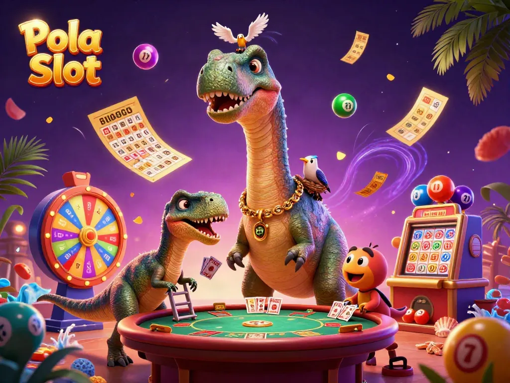 Experience Pola Slot illustrated with colorful characters in a dynamic casino setting.