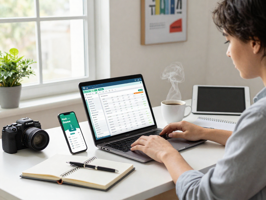 Young professional engaged in financial planning with the debet app in a modern home office.