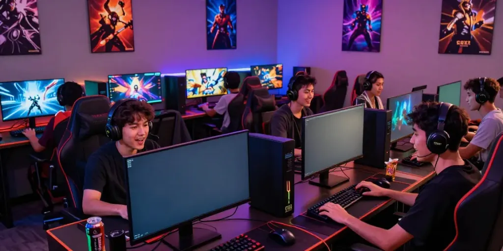 Dynamic online gaming atmosphere with players engaging on https://nbet.group/ and colorful gaming setups.