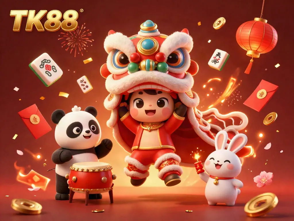 Engage with thrilling TK88 gameplay through a vibrant 3D illustration, showcasing a festive atmosphere filled with excitement.