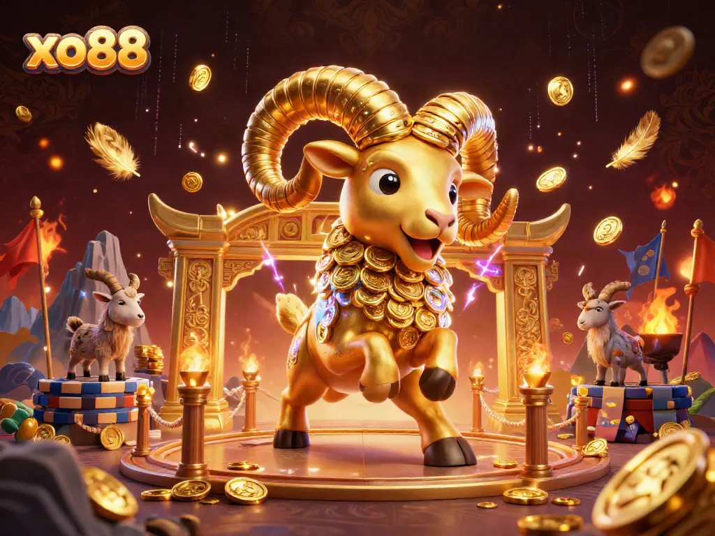 Experience the thrill of xo88 as the golden ram charges through a vibrant gambling arena bursting with energy.