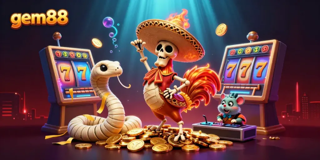 Join the fun at gem88 with a lively 3D casino scene featuring characters celebrating big wins.