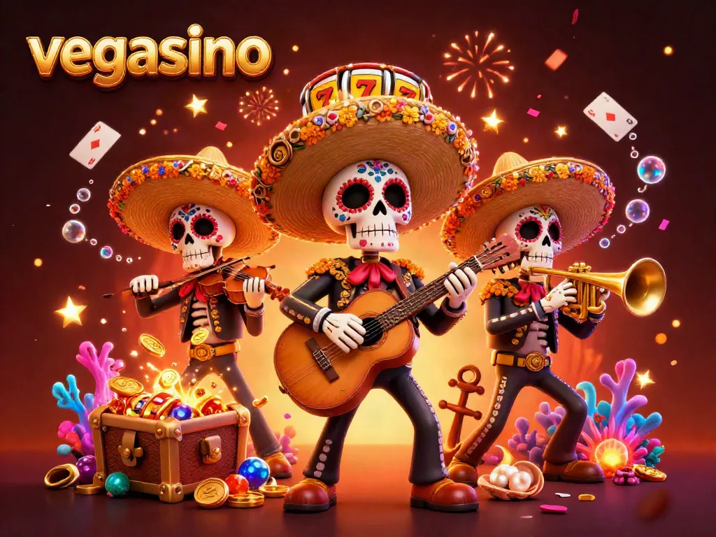 Engage with vegasino's vibrant gaming atmosphere featuring lively mariachi skeletons and slot elements.
