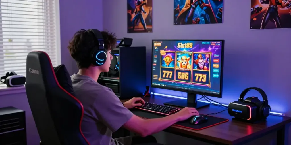 Player enjoying a situs gacor experience on Slot88 with vibrant gaming setup.