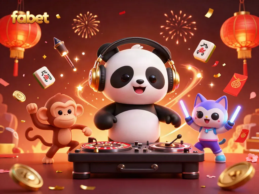 Feel the excitement of fabet as a DJ panda spins on roulette while a monkey dances with a glowing kitten.