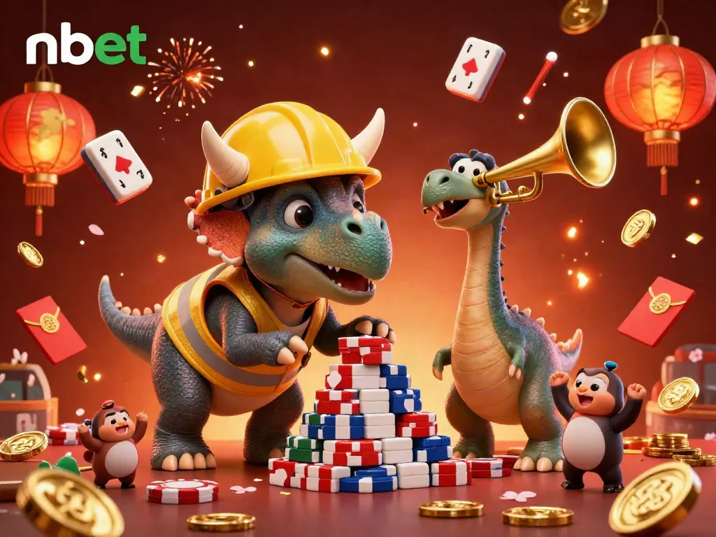 Experience the vibrant action at nbet with a celebratory casino scene featuring a triceratops and a parasaurolophus.