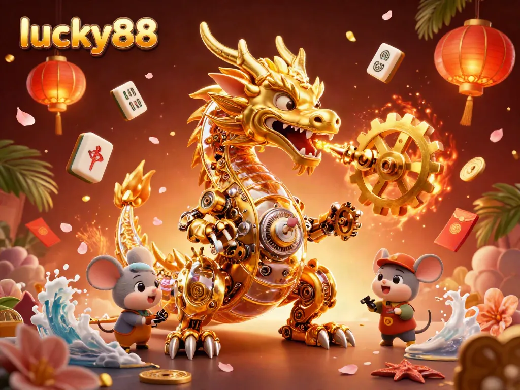 Experience gaming magic with lucky88, where golden dragons, iconic symbols, and festive decorations create a stunning casino atmosphere.