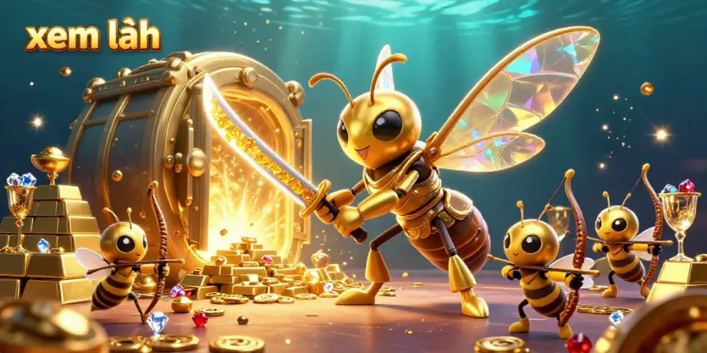 xem thêm vibrant golden hornet in samurai armor surrounded by treasures in a dynamic casino scene