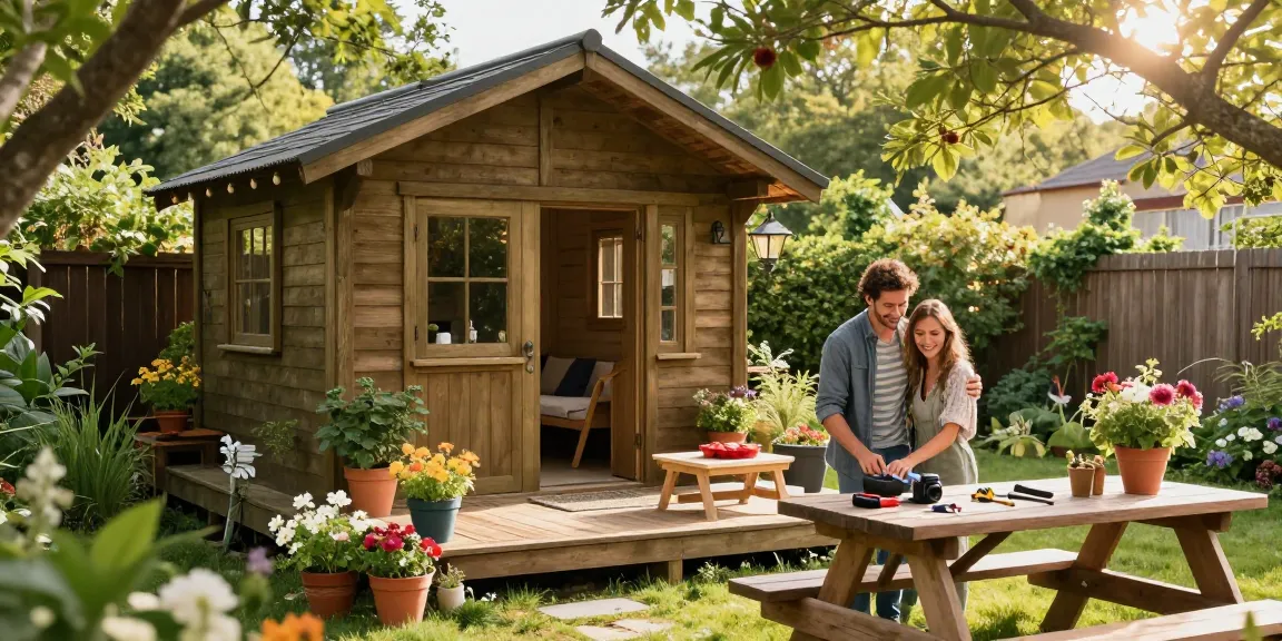 Gartenhäuser: Charmantes Holz-Gartenhaus umgeben von blühenden Pflanzen und fröhlichen Menschen beim Möbelaufbau.