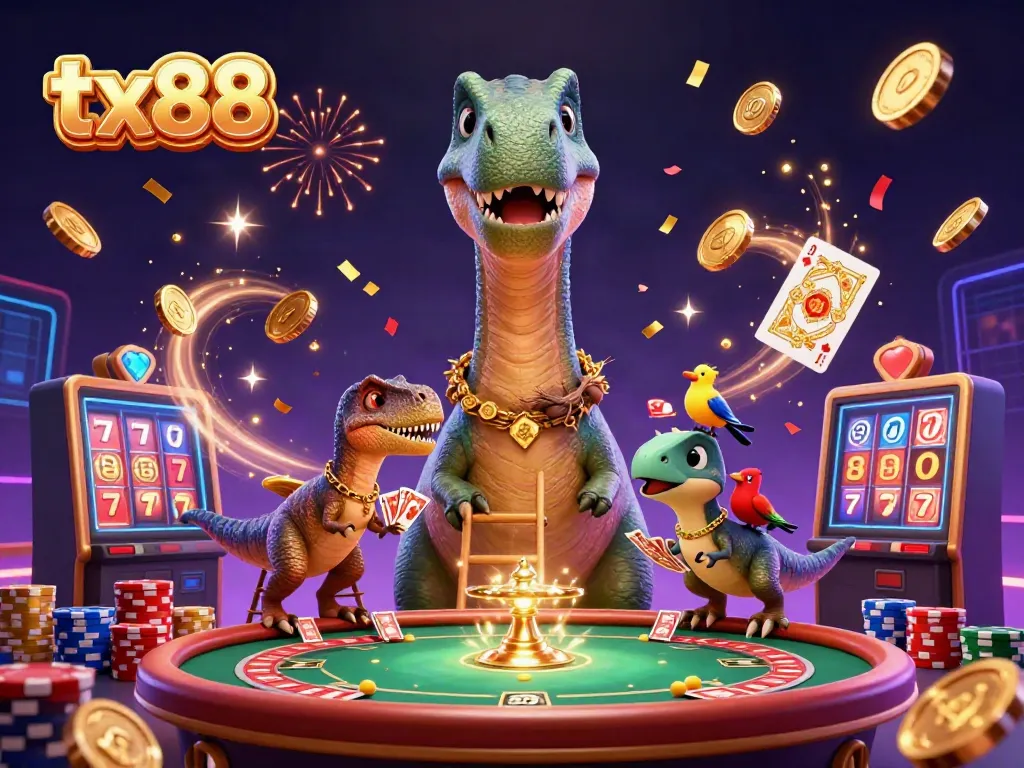 Engage with tx88 at the casino with lively characters amidst golden coins and a vibrant roulette.