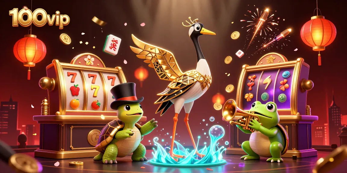 Experience thrilling gaming with 100vip, featuring a lively 3D casino scene of characters surrounded by vibrant slot reels and lucky symbols.
