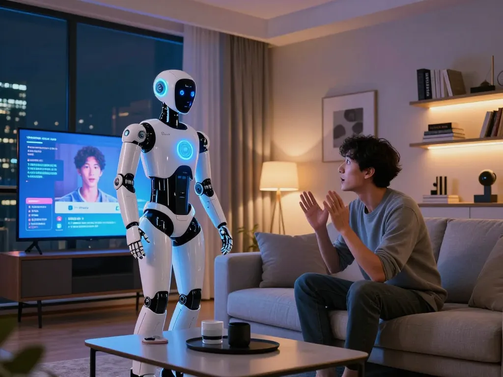 A humanoid sex bot interacts with a user in a modern living room, showcasing innovative technology.