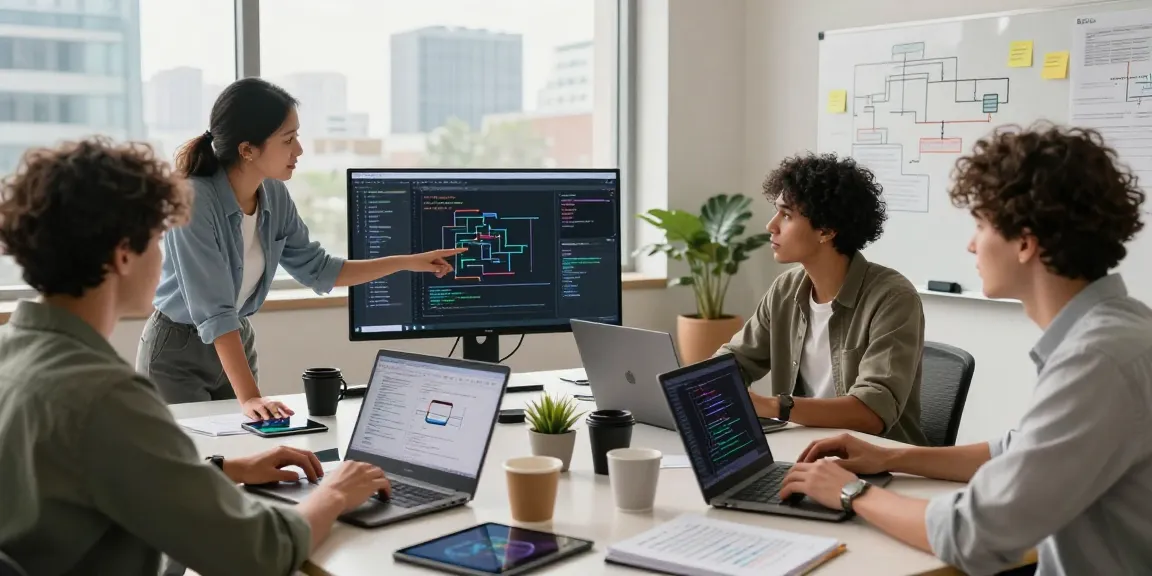 Build internal tools with AI in a collaborative software development workspace with diverse team members and modern tech.