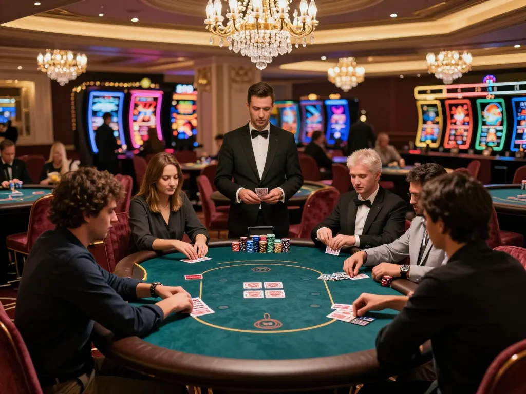 Engaged players at MAX88's VIP poker table strategizing their bets in an upscale casino.