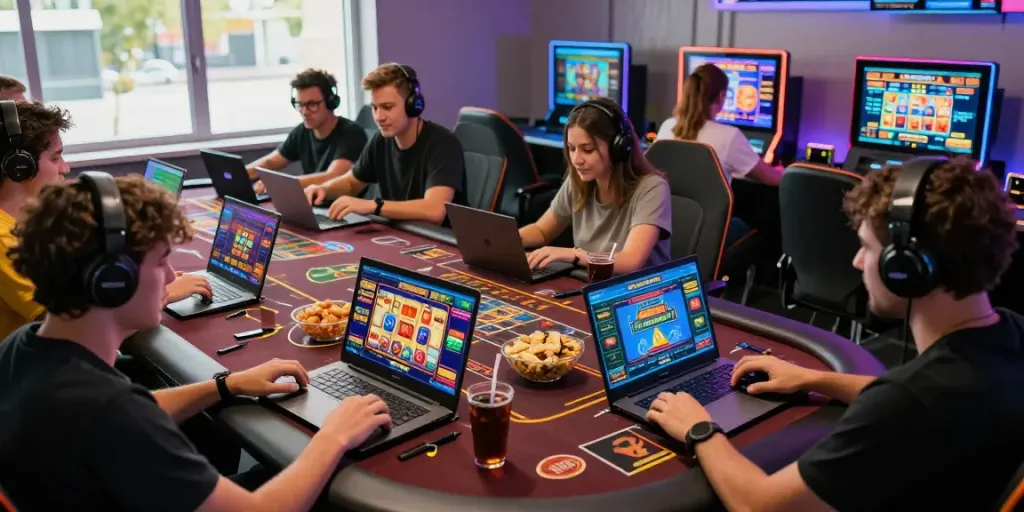 Friends enjoying gaming experiences on https://choinohu.vip/ with vibrant visuals and cool lights.