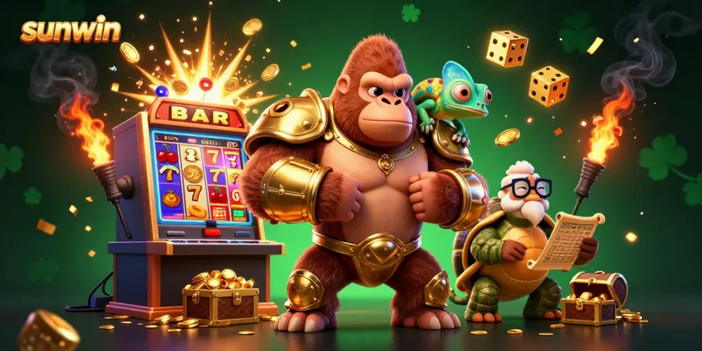 Experience thrilling gameplay at Sunwin with a dynamic illustration featuring a gorilla king and colorful casino elements.