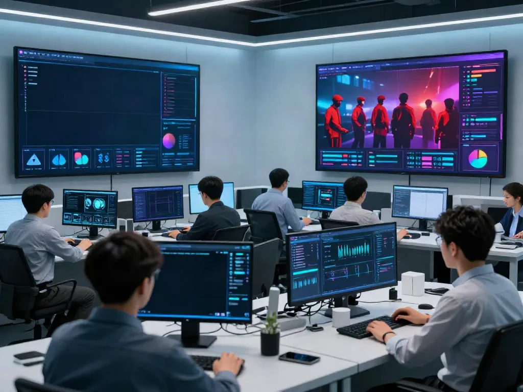 Red team testing in a modern cybersecurity operations center with advanced analytics and professionals analyzing security threats.