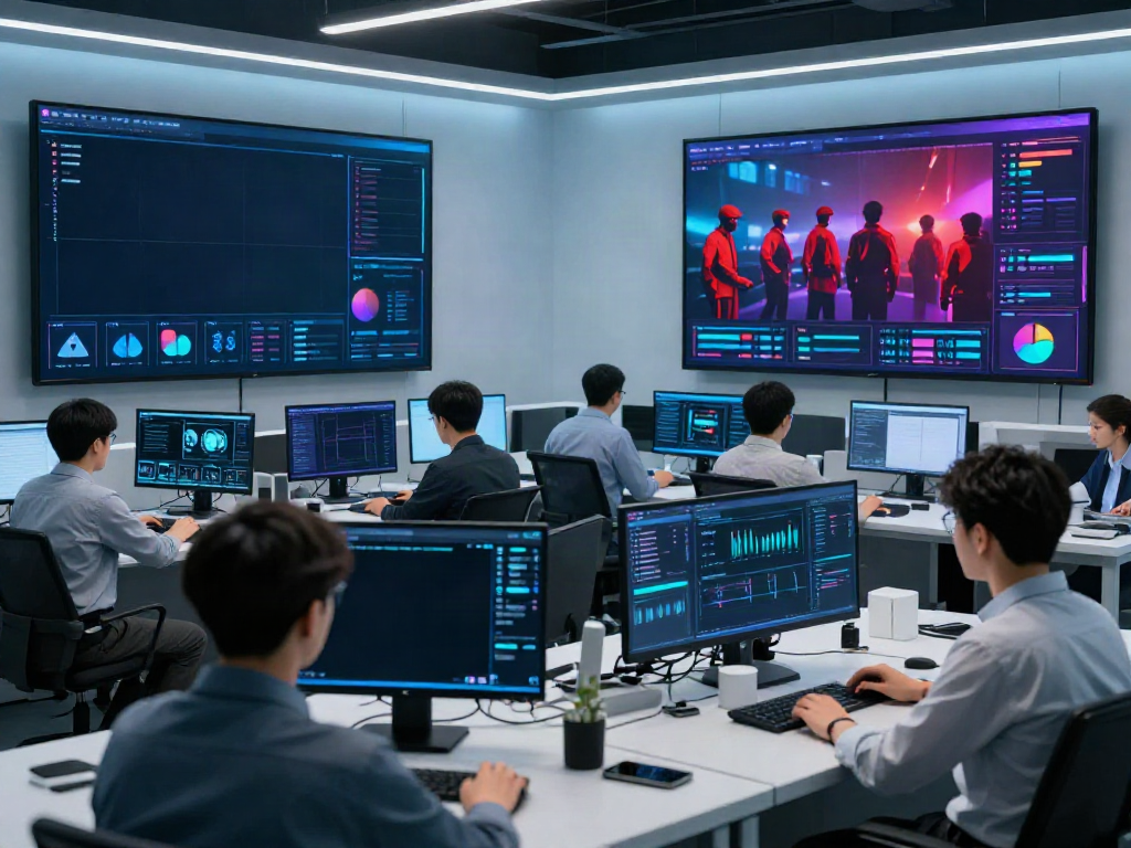 Red team testing in a modern cybersecurity operations center with advanced analytics and professionals analyzing security threats.